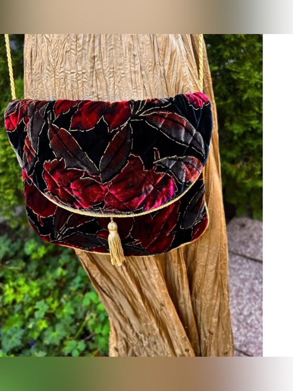 🇨🇦🎁 Vintage Velvet Crossbody / Clutch Bag & Matching Case • Burgundy Black Gold